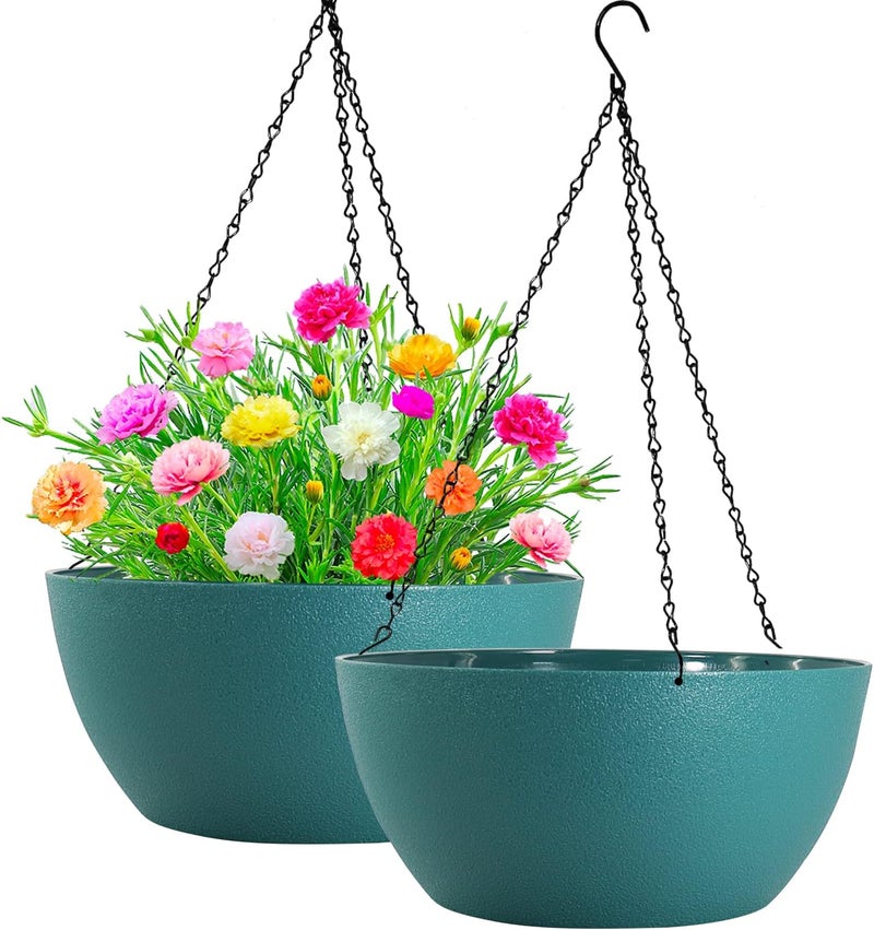 WOUSIWER 13 inch 2 Pack Large Hanging Planters for Indoor Outdoor Plants with Drainage Holes and Chain, Round Hanging Flower Pots for Garden Home Porch Decor, Myrtle Green - Image 1